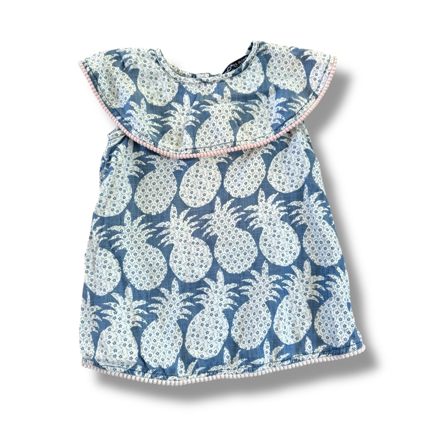 Size 2 Blu & Blue Blue dress with white floral pineapples and light pink pom pom trim Default Title / 2 / Girl