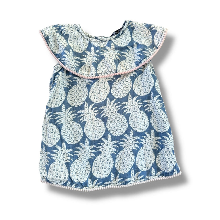 Size 2 Blu & Blue Blue dress with white floral pineapples and light pink pom pom trim Default Title / 2 / Girl