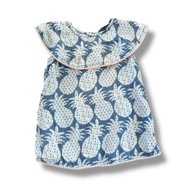 Size 2 Blu & Blue Blue dress with white floral pineapples and light pink pom pom trim Default Title / 2 / Girl