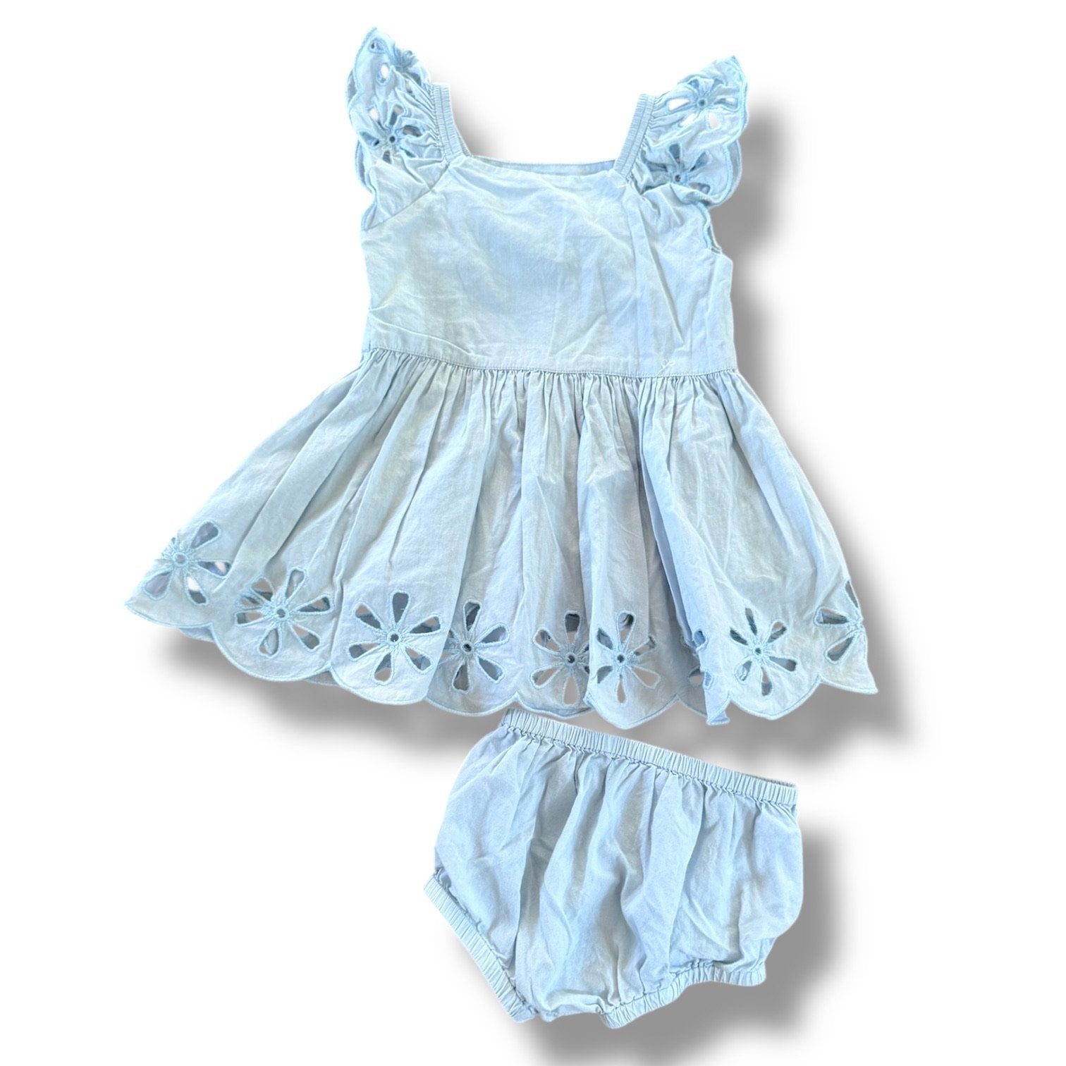 Size 6 month Stella McCartney light blue dress with eyelet flowers, ruffle eyelet sleeves + bloomers Default Title / 6 month / Girl