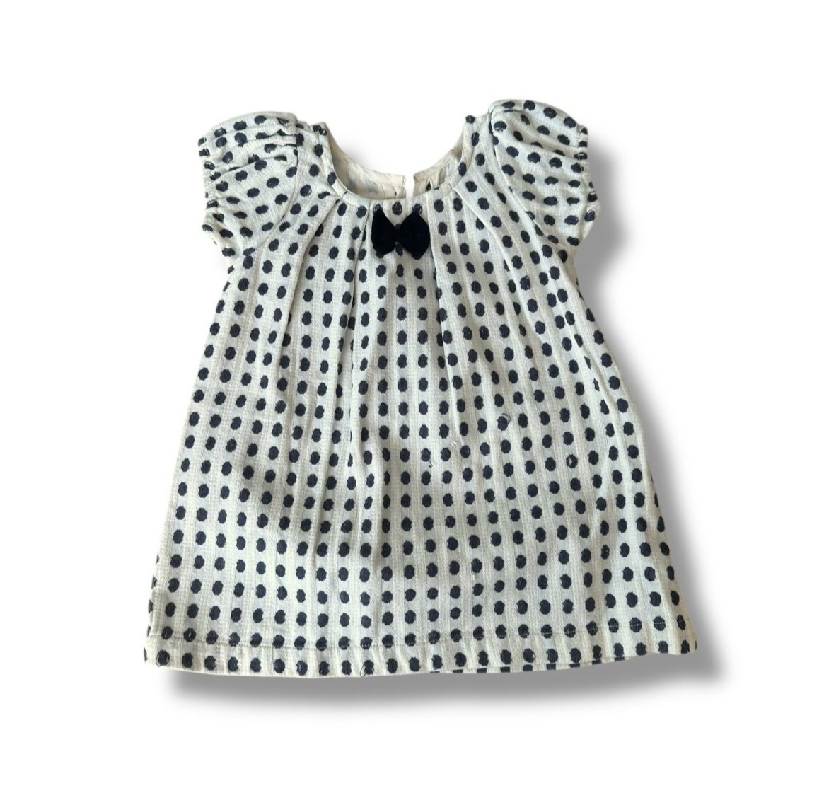 Size 12 month Lali white short sleeve dress with blue dots and black bow Default Title / 12 / Girl