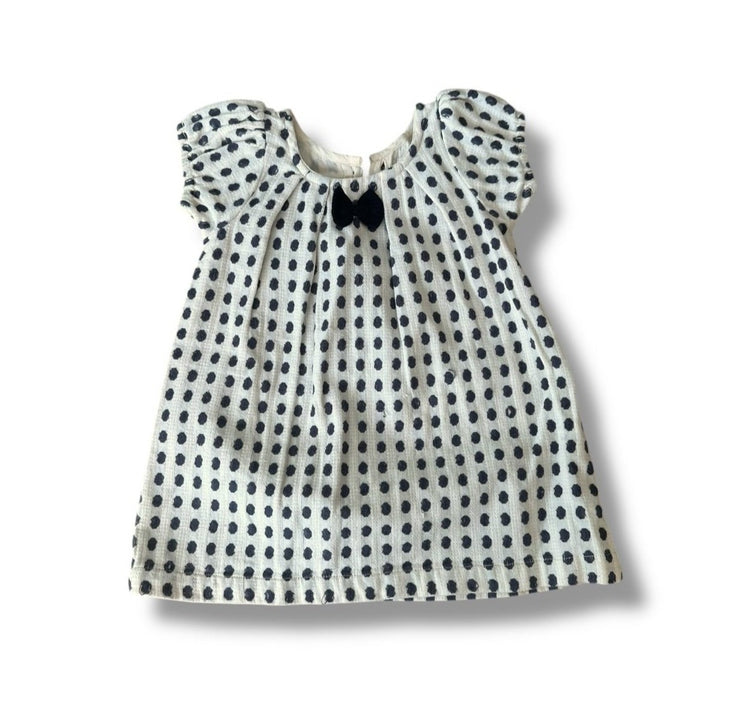 Size 12 month Lali white short sleeve dress with blue dots and black bow Default Title / 12 / Girl