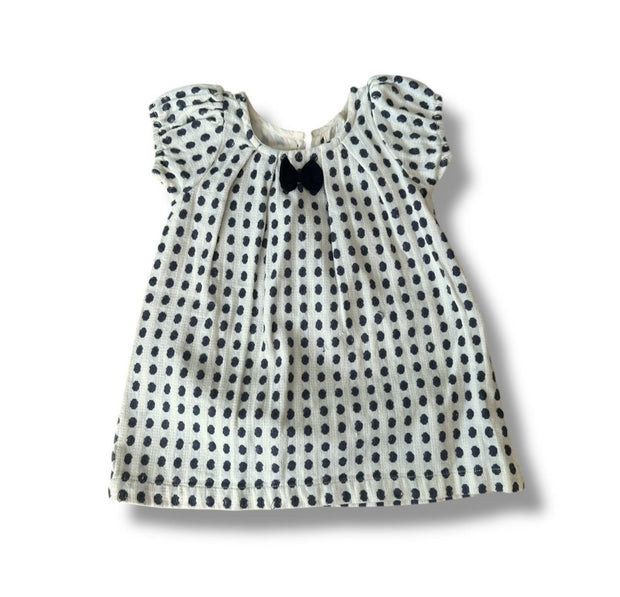 Size 12 month Lali white short sleeve dress with blue dots and black bow Default Title / 12 / Girl