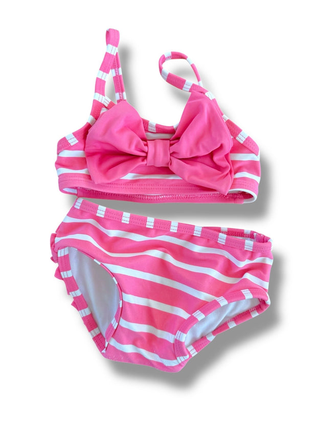 Size 3-6 month Ruffle Butts pink and white stripe bikini with pink bow Default Title / 3-6 month / Girl