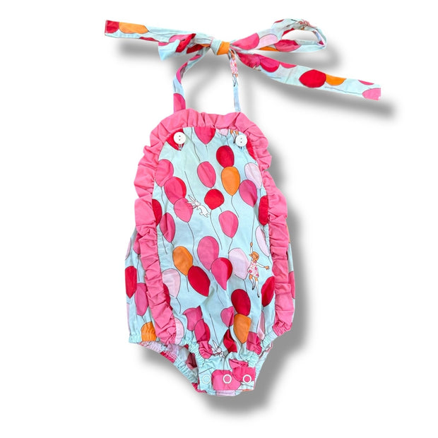 Size 6-12 month Petit Peony blue halter bubble with pink, red, orange balloons and pink ruffles Default Title / 6-12 month / Girl