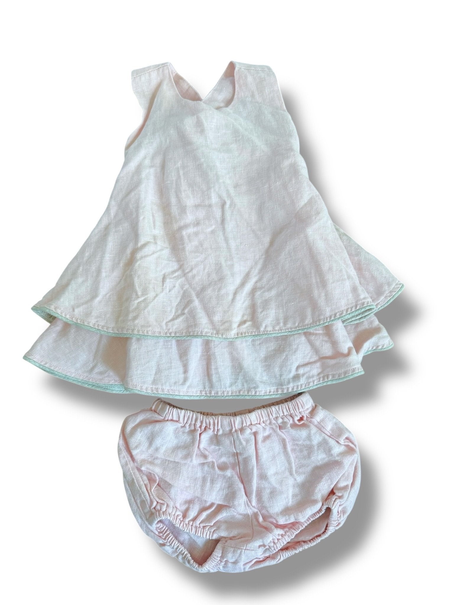 Size 12 month Jack & Teddy light pink linen swing top with criss cross straps and taupe piping trim Default Title / 12 / Girl