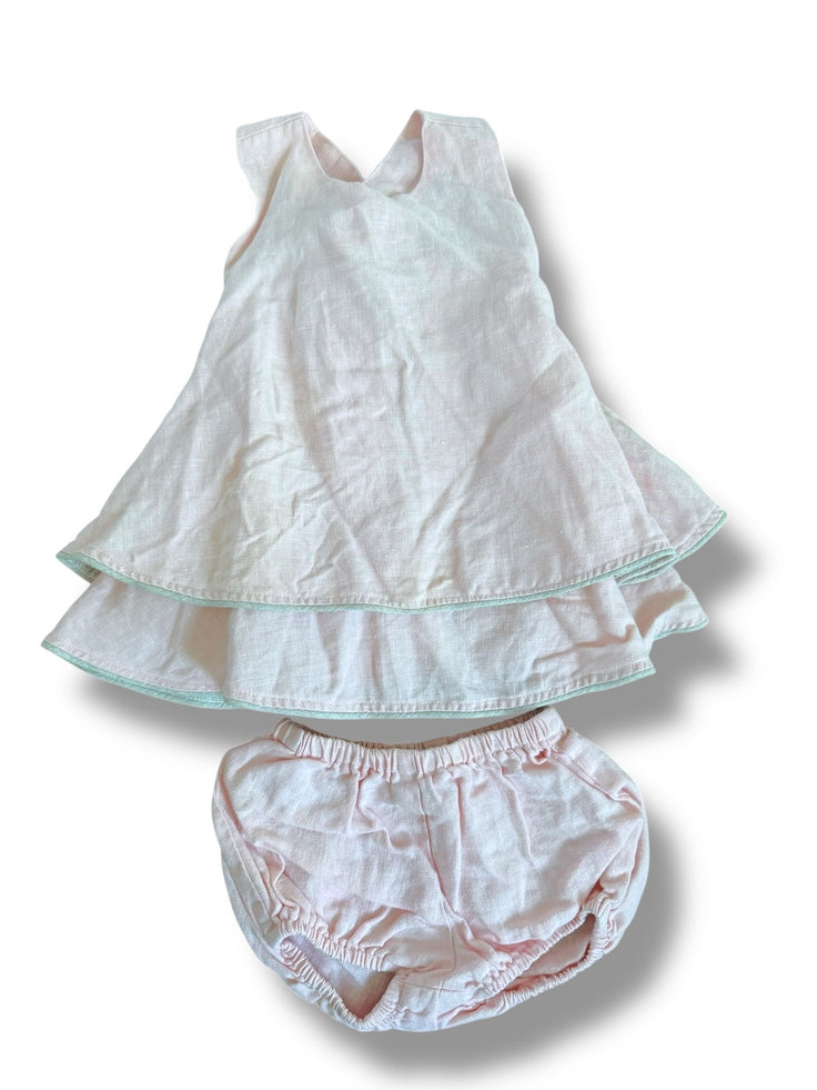 Size 12 month Jack & Teddy light pink linen swing top with criss cross straps and taupe piping trim Default Title / 12 / Girl