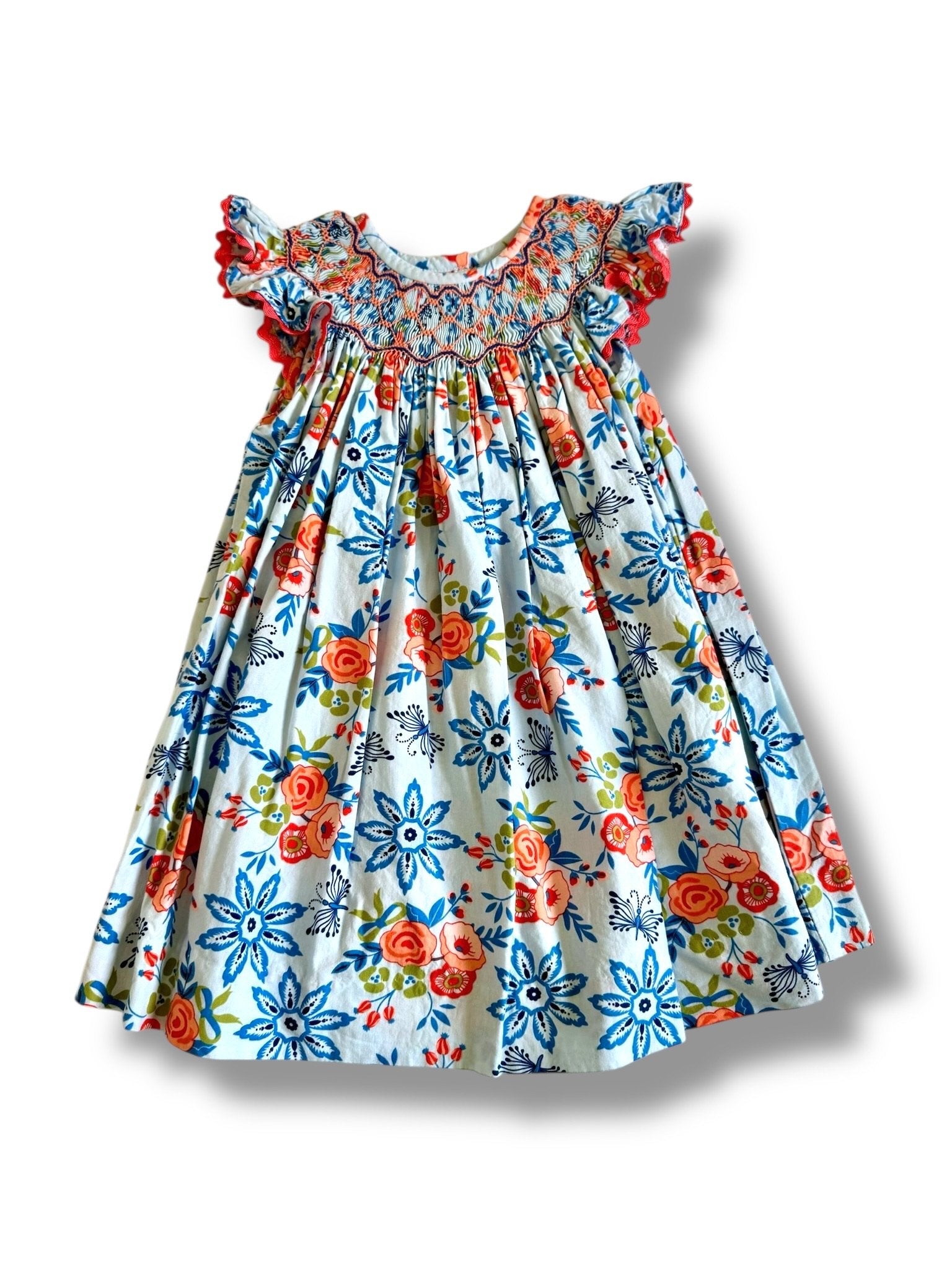 Size 18 month Three Sisters blue smocked dress with butterflies and orange flowers Default Title / 18 month / Girl