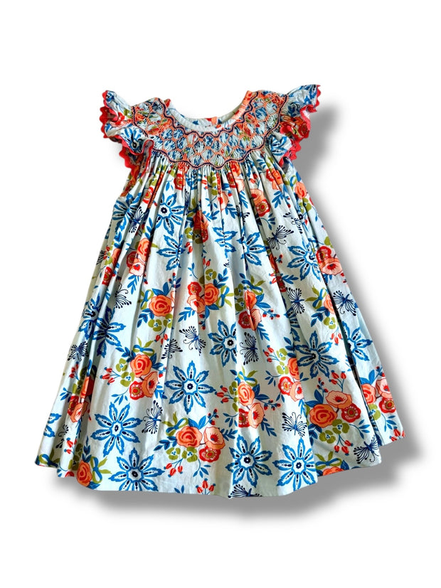 Size 18 month Three Sisters blue smocked dress with butterflies and orange flowers Default Title / 18 month / Girl