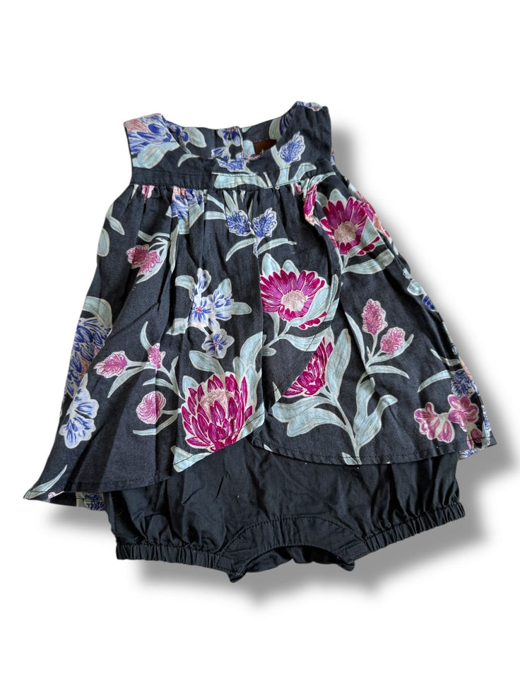 Size 6-9 month Tea Collection gray romper with purple, magenta flowers Default Title / 6-9 month / Girl