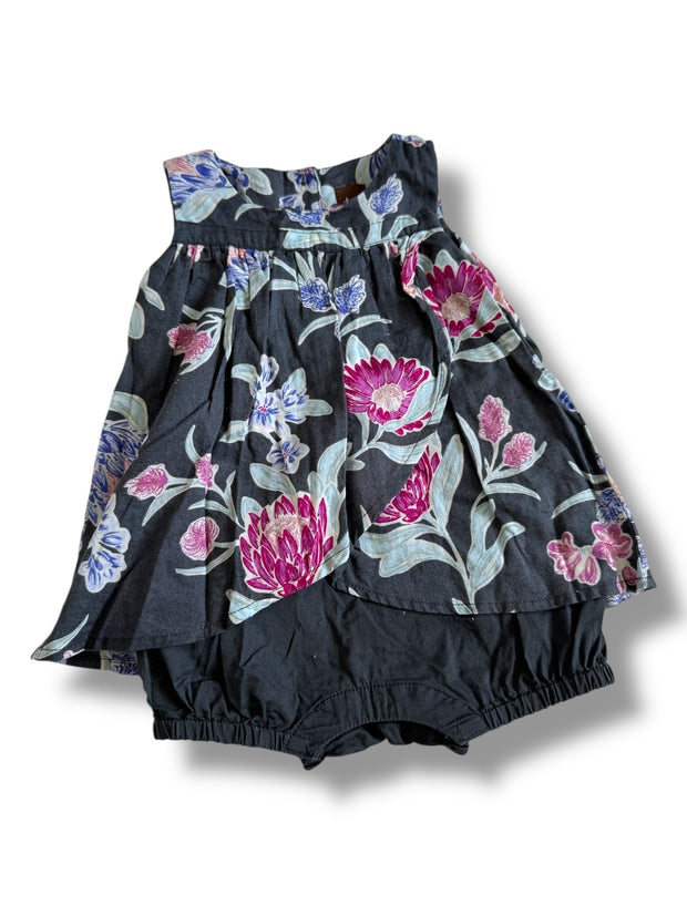 Size 6-9 month Tea Collection gray romper with purple, magenta flowers Default Title / 6-9 month / Girl