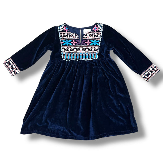 Size 3 Cheeni blue velour long sleeve dress with pink/white/blue embroidery Default Title / 3 / Girl
