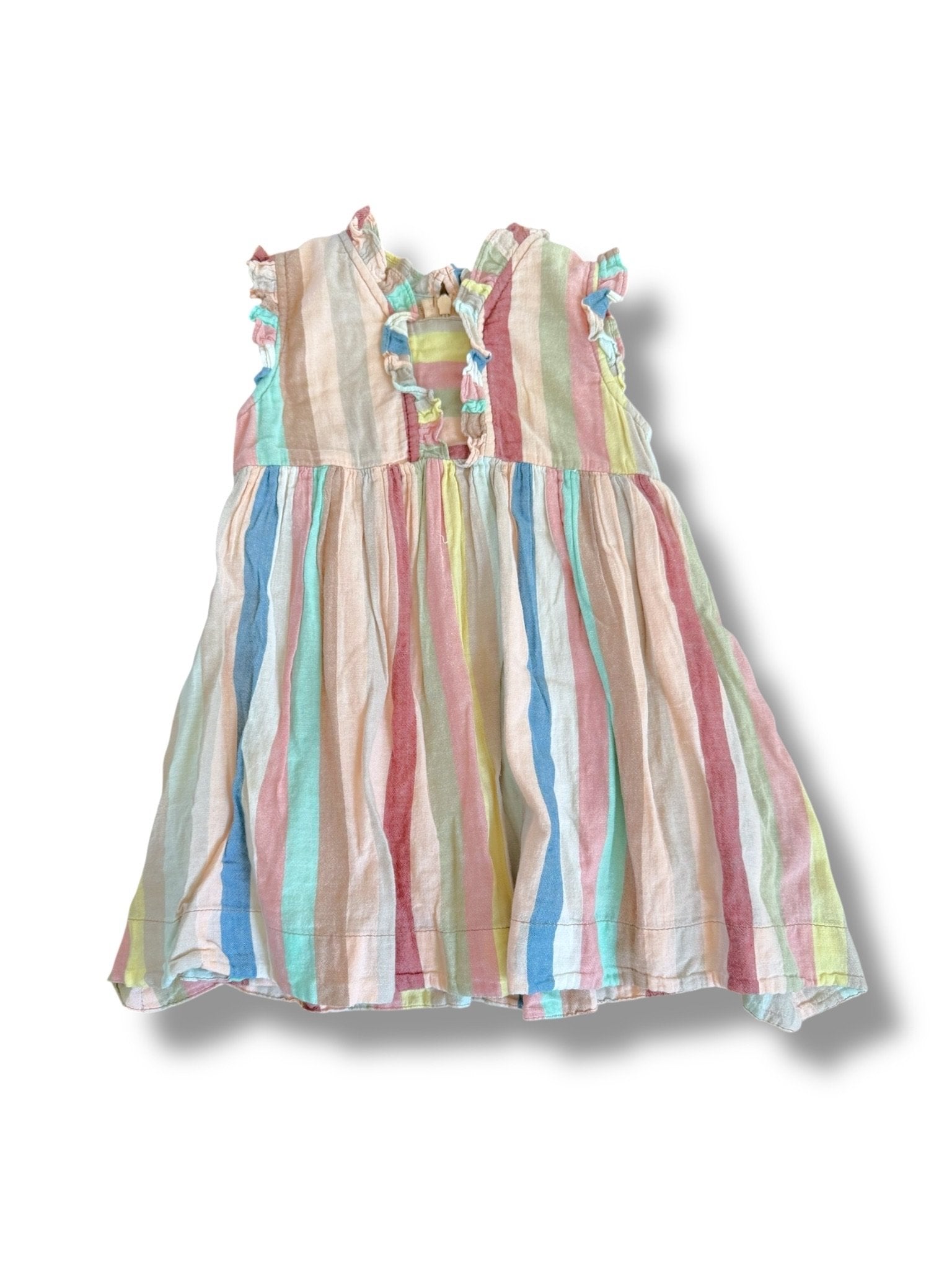 Size 12-18 month Pink Chicken earth tone pink, peach, blue, yellow stripe dress Default Title / 12-18 month / Girl