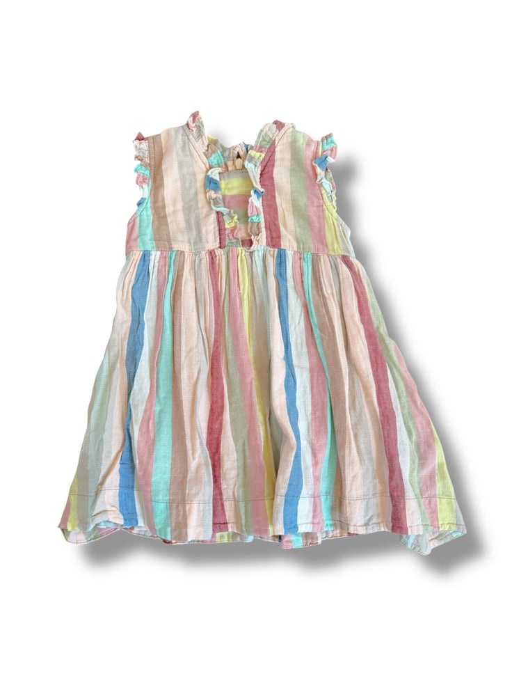 Size 12-18 month Pink Chicken earth tone pink, peach, blue, yellow stripe dress Default Title / 12-18 month / Girl