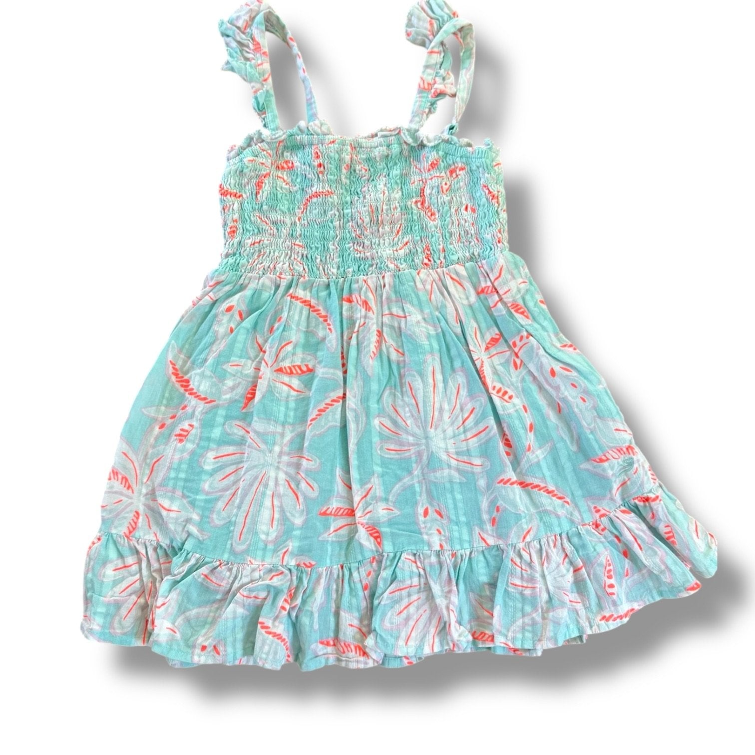Size 2 Vineyard Vines light turquoise with light pink and white and neon orange flower design and smocked top Default Title / 2 / Girl