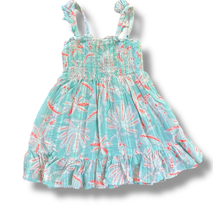 Size 2 Vineyard Vines light turquoise with light pink and white and neon orange flower design and smocked top Default Title / 2 / Girl