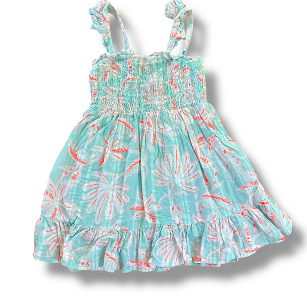 Size 2 Vineyard Vines light turquoise with light pink and white and neon orange flower design and smocked top Default Title / 2 / Girl