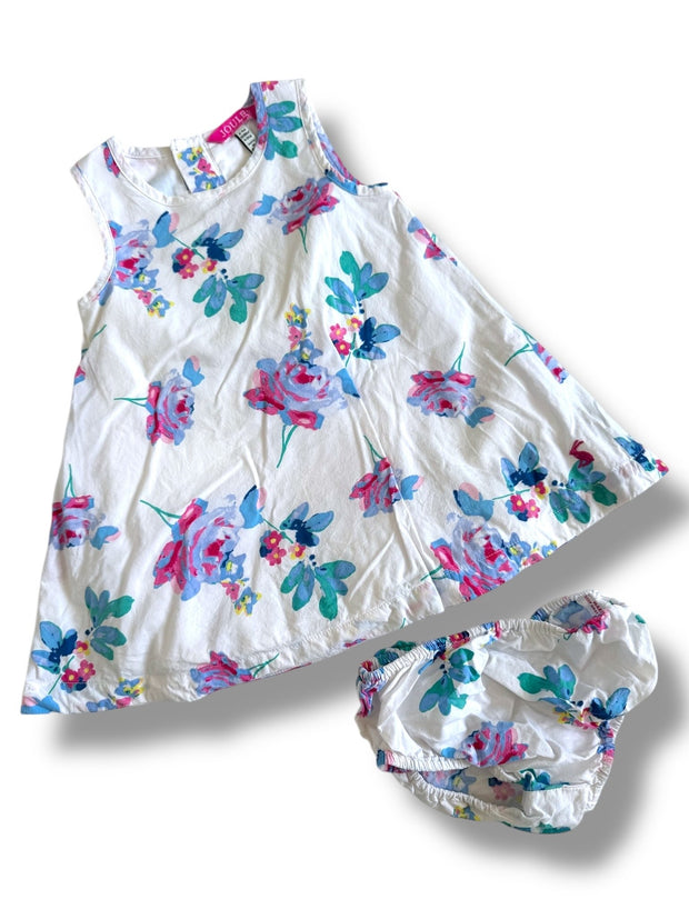 Size 6-9 month Joules white sleeveless dress with jewel tone blue, pink, green flowers Default Title / 6-9 month / Girl