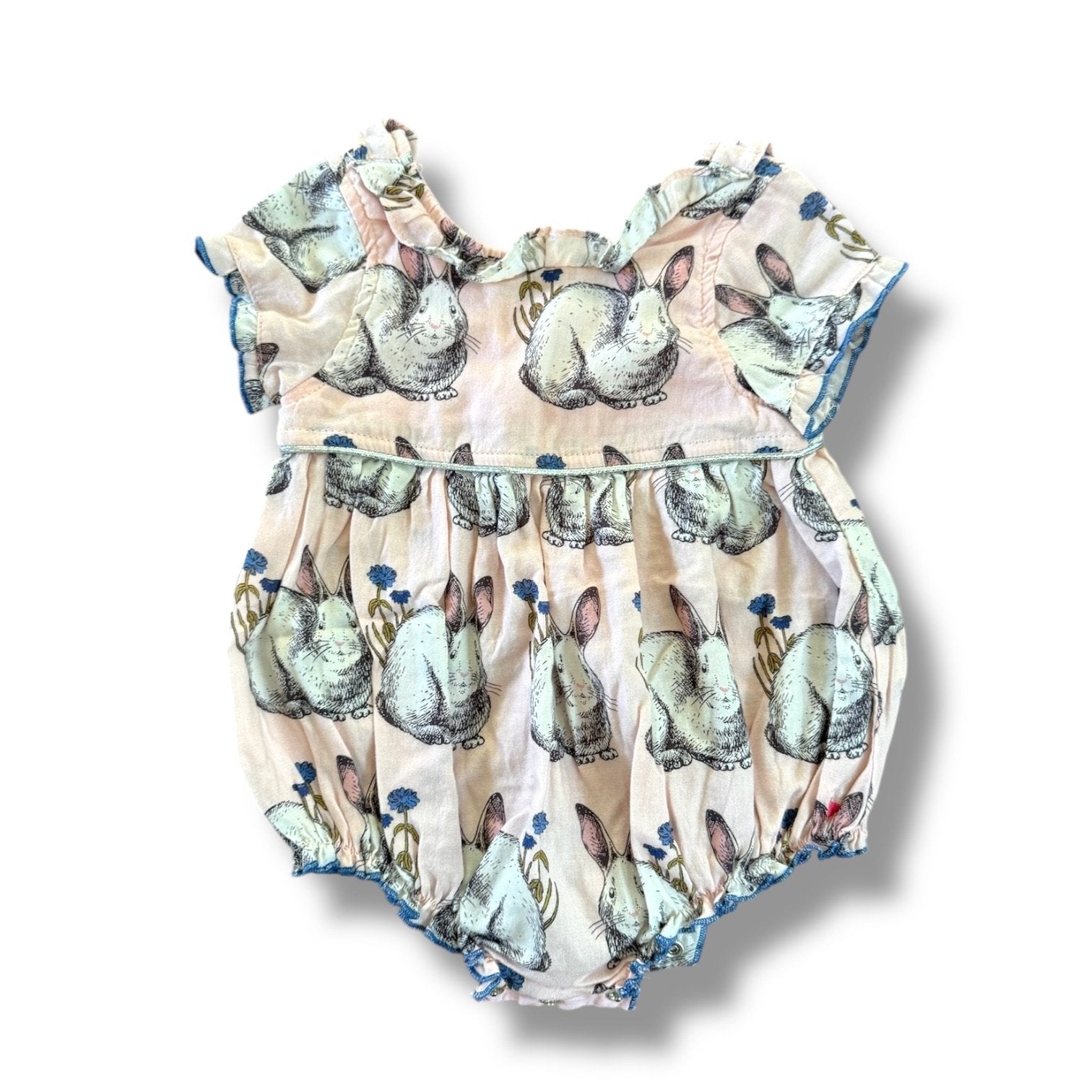 Size 6-12 Pink Chicken light pink bubble romper with bunnies and blue flowers Default Title / 6-12 month / Girl