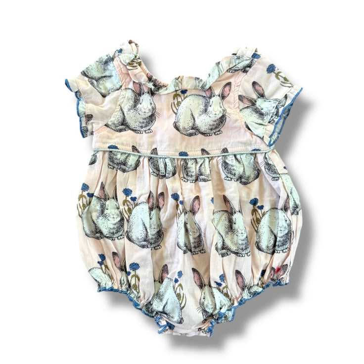 Size 6-12 Pink Chicken light pink bubble romper with bunnies and blue flowers Default Title / 6-12 month / Girl