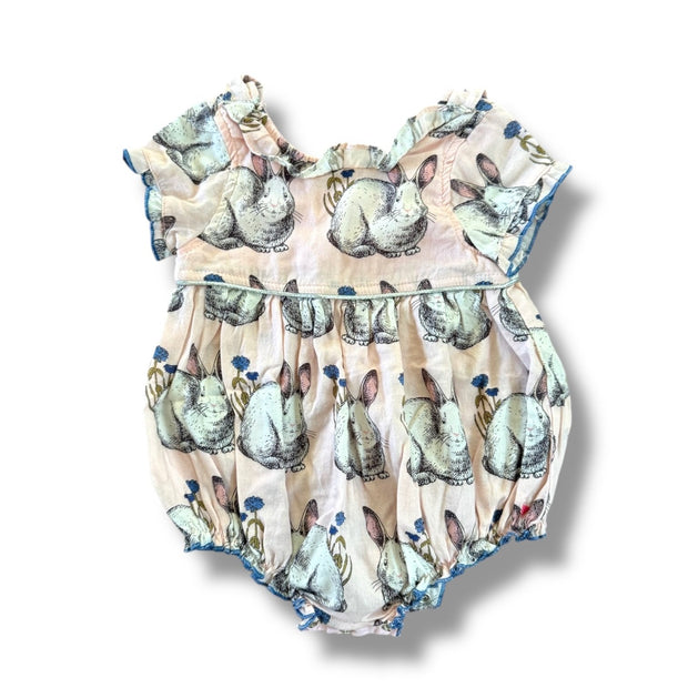 Size 6-12 Pink Chicken light pink bubble romper with bunnies and blue flowers Default Title / 6-12 month / Girl