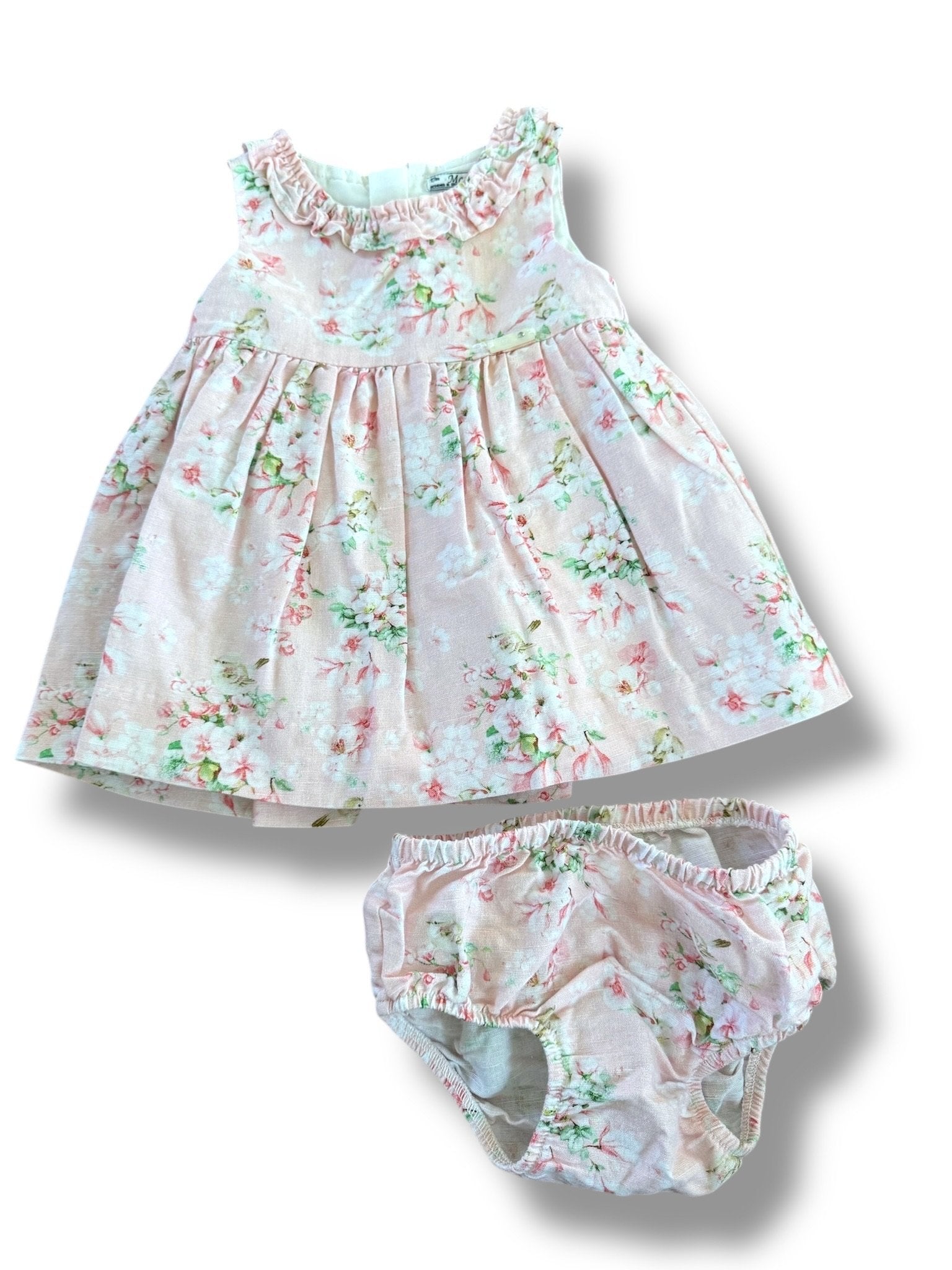 Size 9 month Mayoral pink linen blend dress with white, dark pink, green flowers and ruffle on neck line Default Title / 9 month / Girl