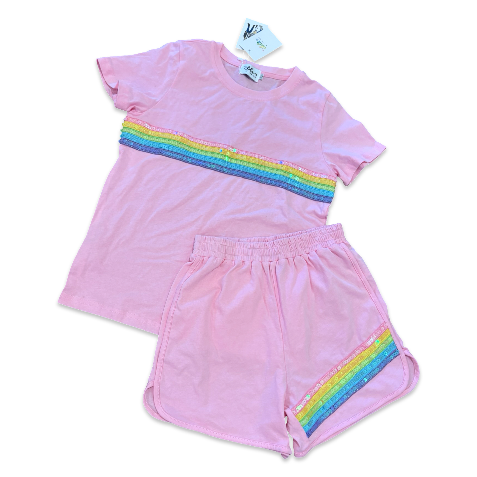 Size 12 Lola and the boys pink tee and short set with rainbow sequin, NWT Default Title / 12 / Boy