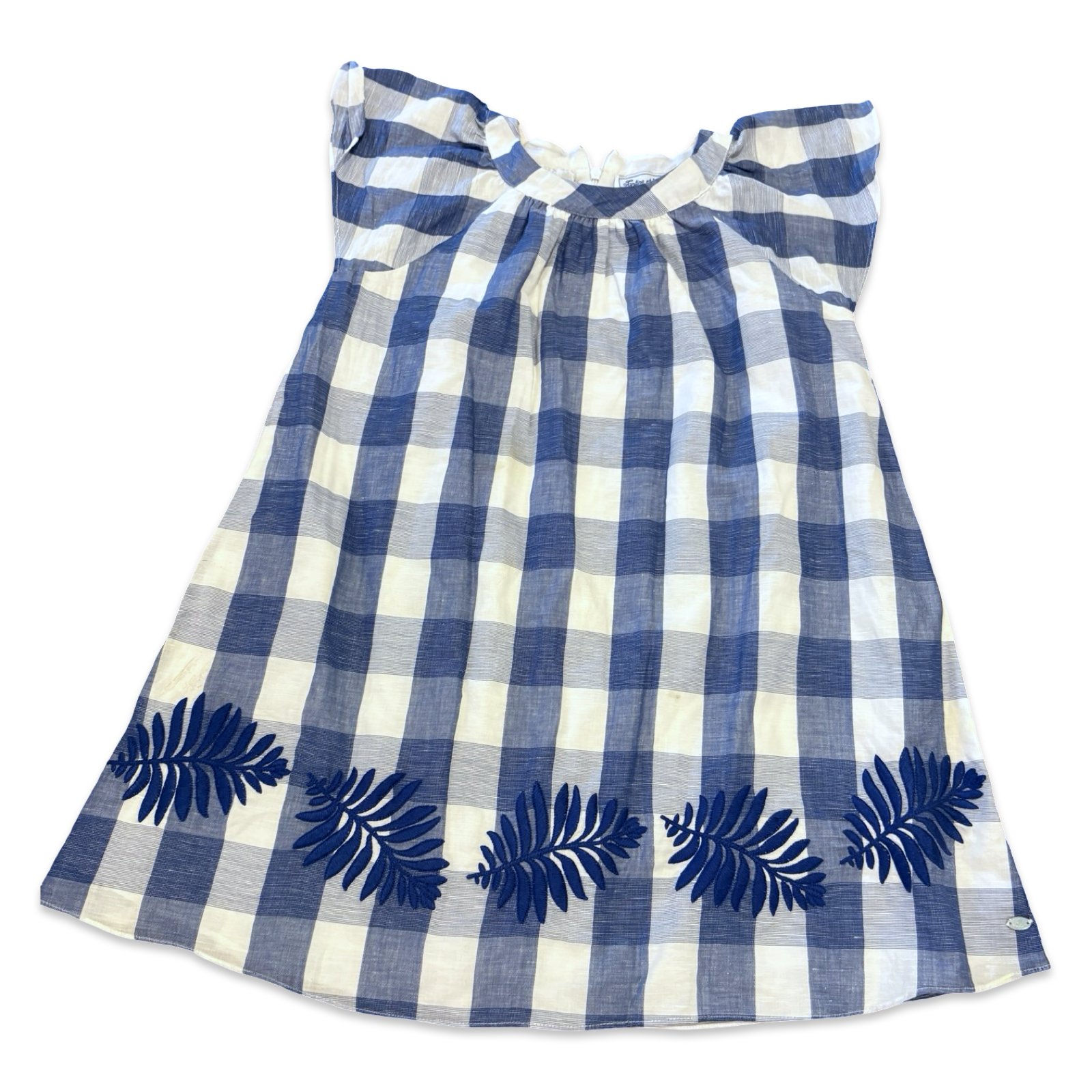 Size 8 Tartine et Chocolat blue/white check dress with blue embroidered leaves at hem Default Title / 8 / Girl