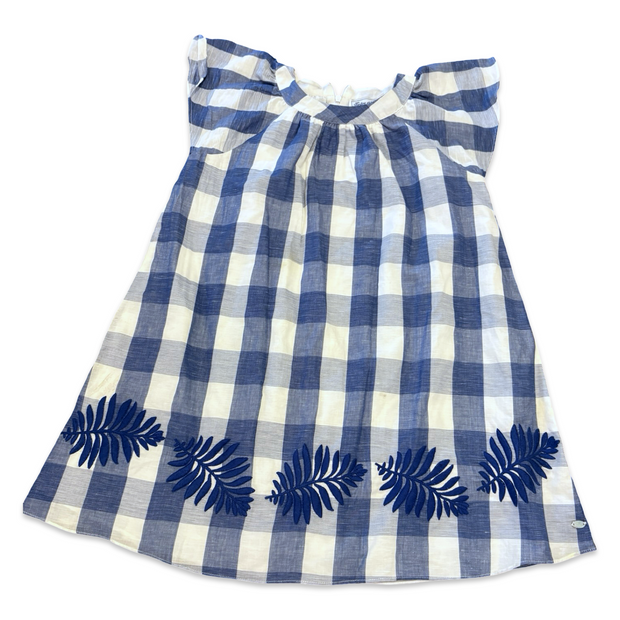 Size 8 Tartine et Chocolat blue/white check dress with blue embroidered leaves at hem Default Title / 8 / Girl
