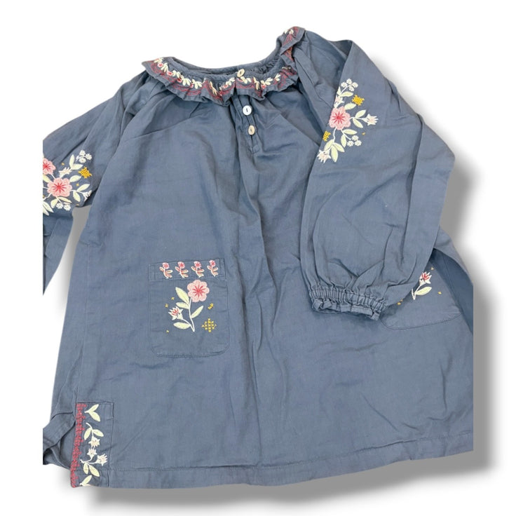 Size 8 Lali dusty blue long sleeve tunic blouse with colorful floral designs, ruffle collar Default Title / 8 / Girl