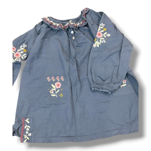 Size 8 Lali dusty blue long sleeve tunic blouse with colorful floral designs, ruffle collar Default Title / 8 / Girl