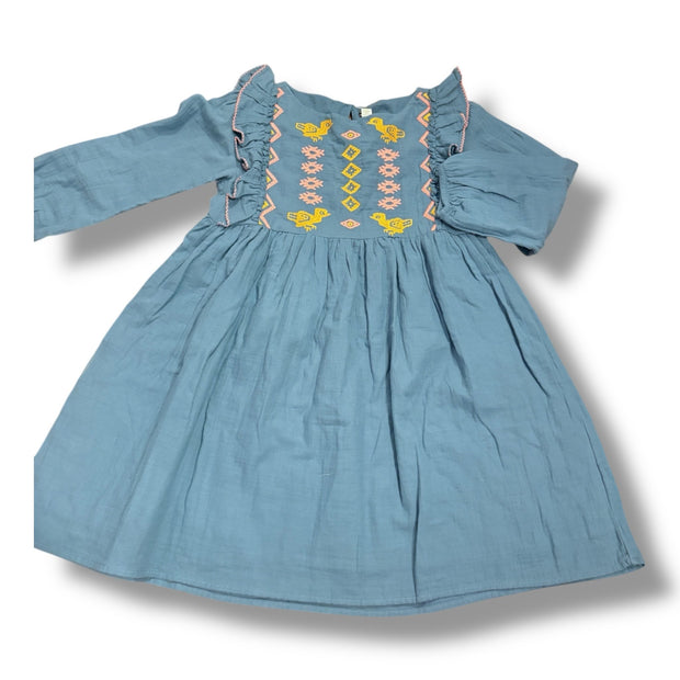 Size 10 Tea Collection dusty blue long sleeve dress with pink and yellow embroidery on top - NWT Default Title / 10 / Girl