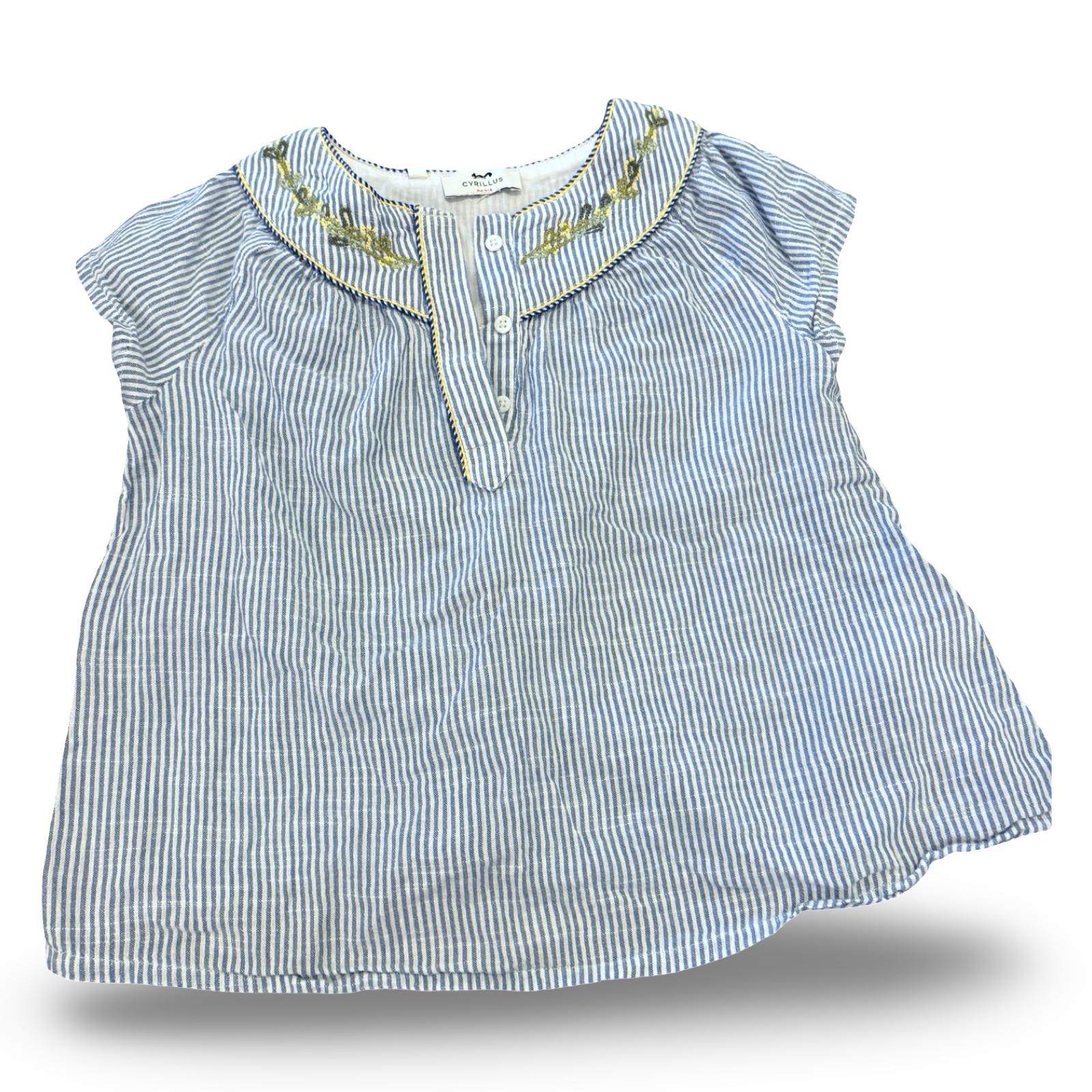Size 8 Cyrillus blue/white stripe top with green embroidery on collar, blue/white trim Default Title / 8 / Girl