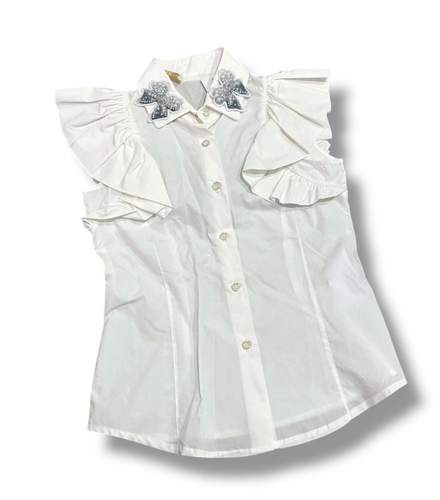 Size 8 Monnalisa white tank with bow embellished collar, ruffle shoulders Default Title / 8 / Girl