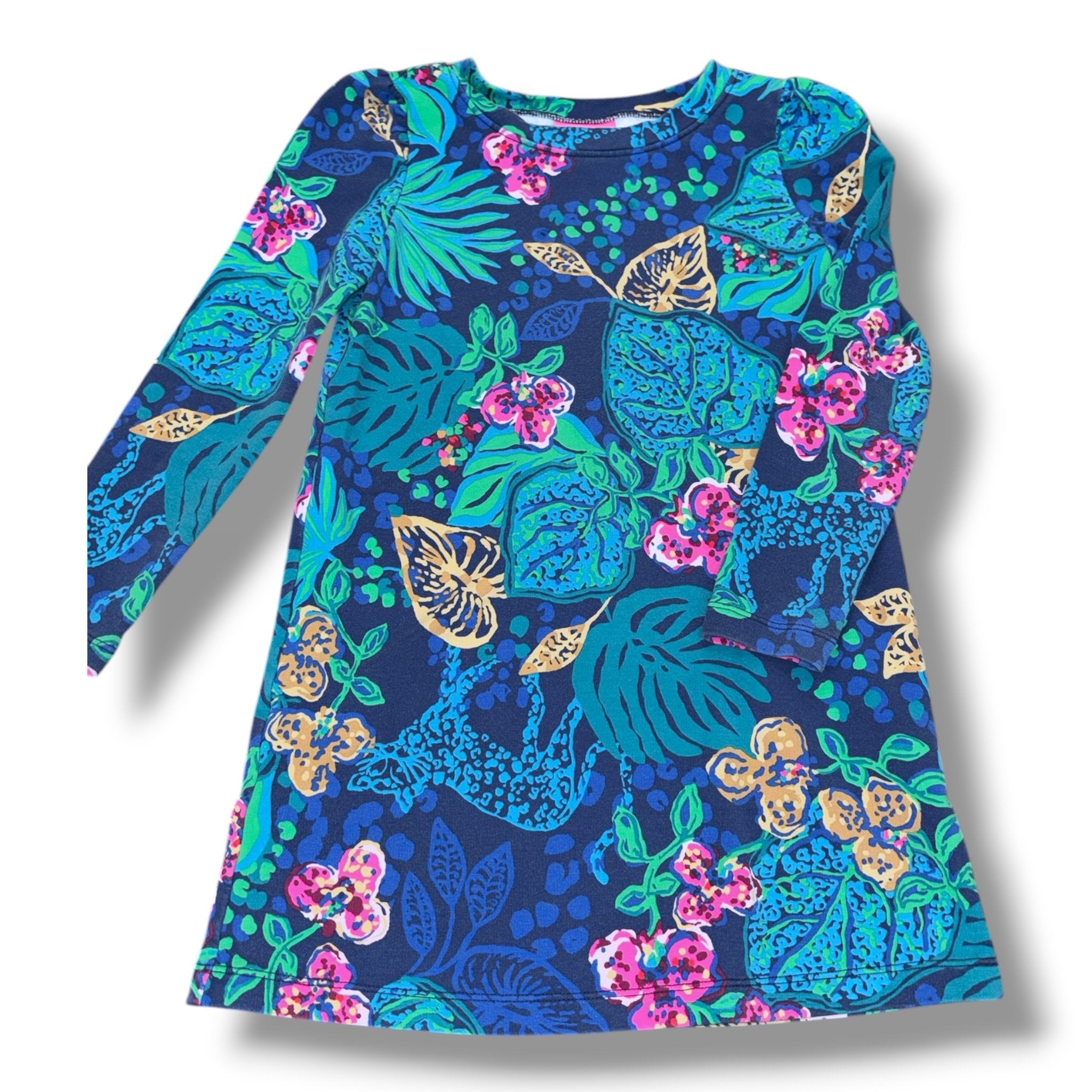 Size 4-5 Lilly Pulitzer navy/teal/pink/tan floral long-sleeve knit dress