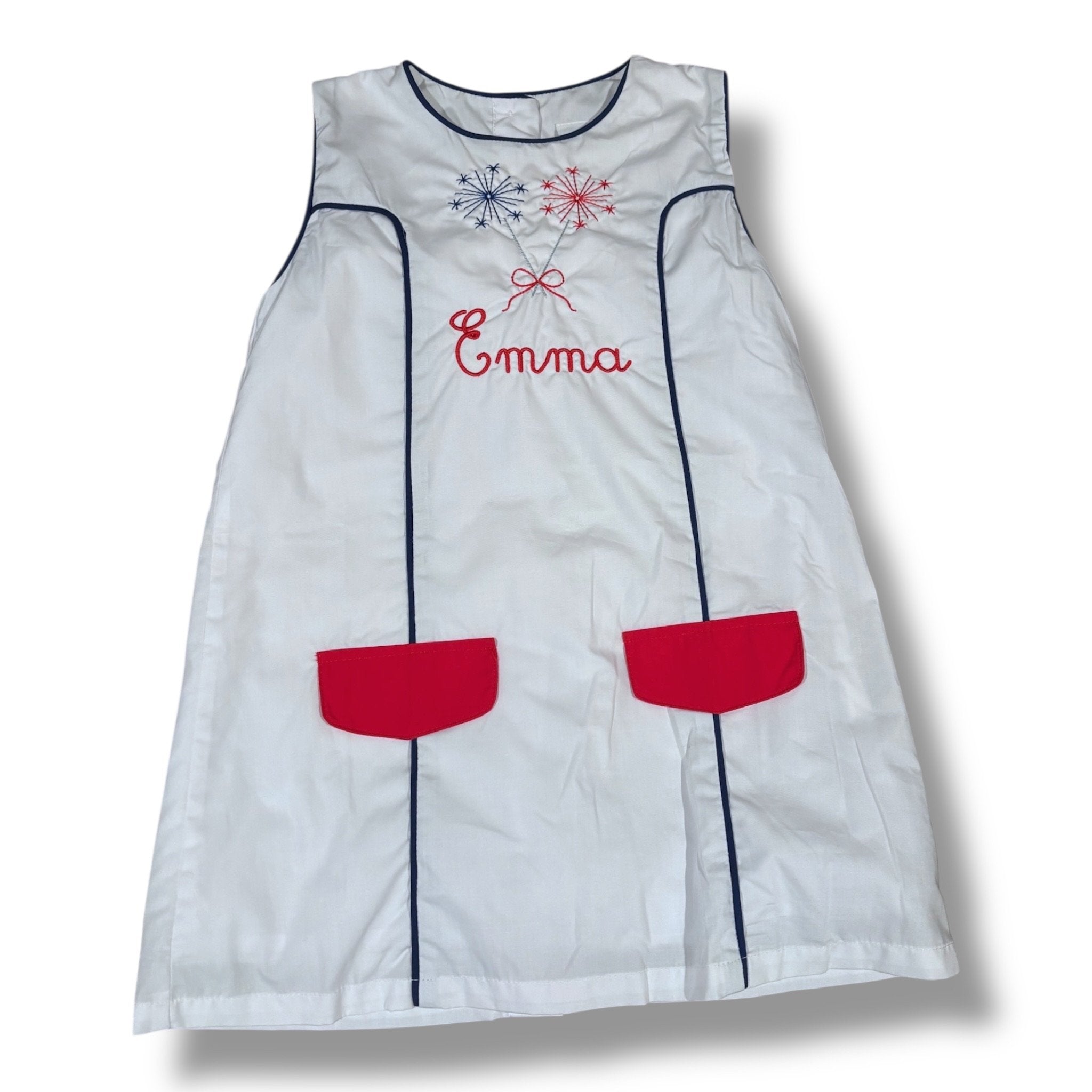Size 4 The Yellow Lamb white jumper w/ navy trim, fireworks, “Emma” in red Default Title / 4 / Girl