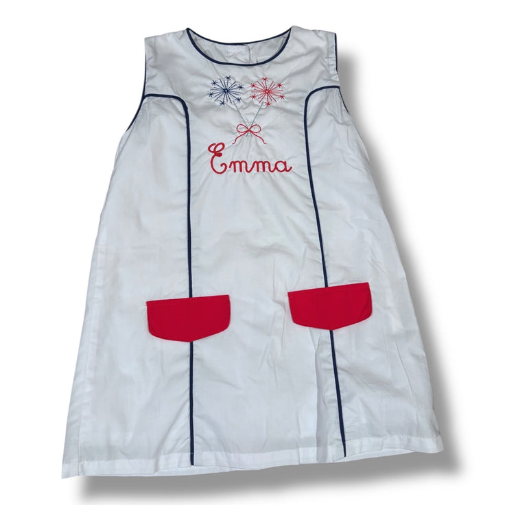 Size 4 The Yellow Lamb white jumper w/ navy trim, fireworks, “Emma” in red Default Title / 4 / Girl