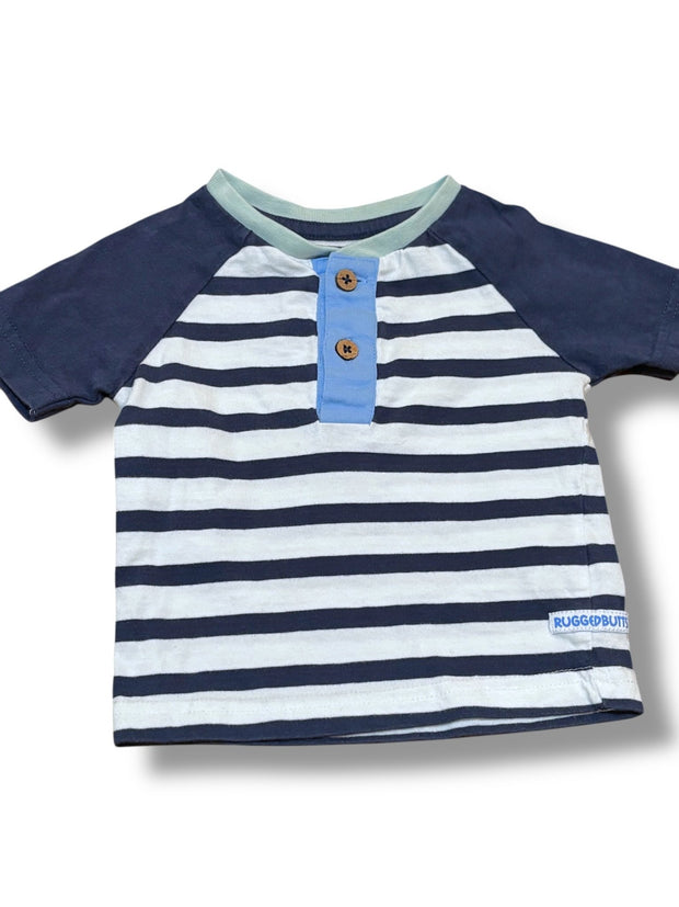 Size 6-12 month Rugged Butts navy/white stripe tshirt with navy sleeves/sage collar/wooden buttons Default Title / 6-12 month / Boy