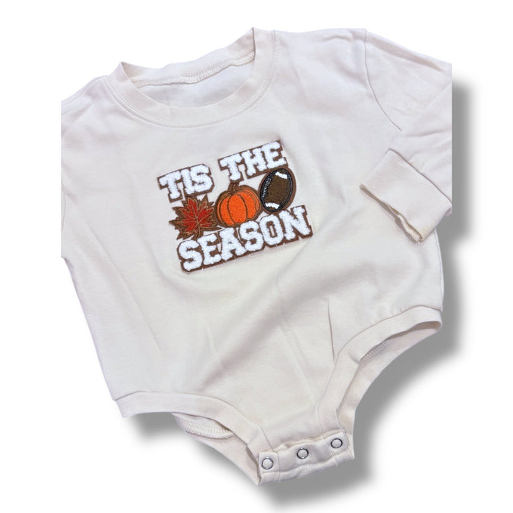 Size 12-18 month cream knit long sleeve bubble- Tis the season- pumpkin/football Default Title / 12-18 month / -