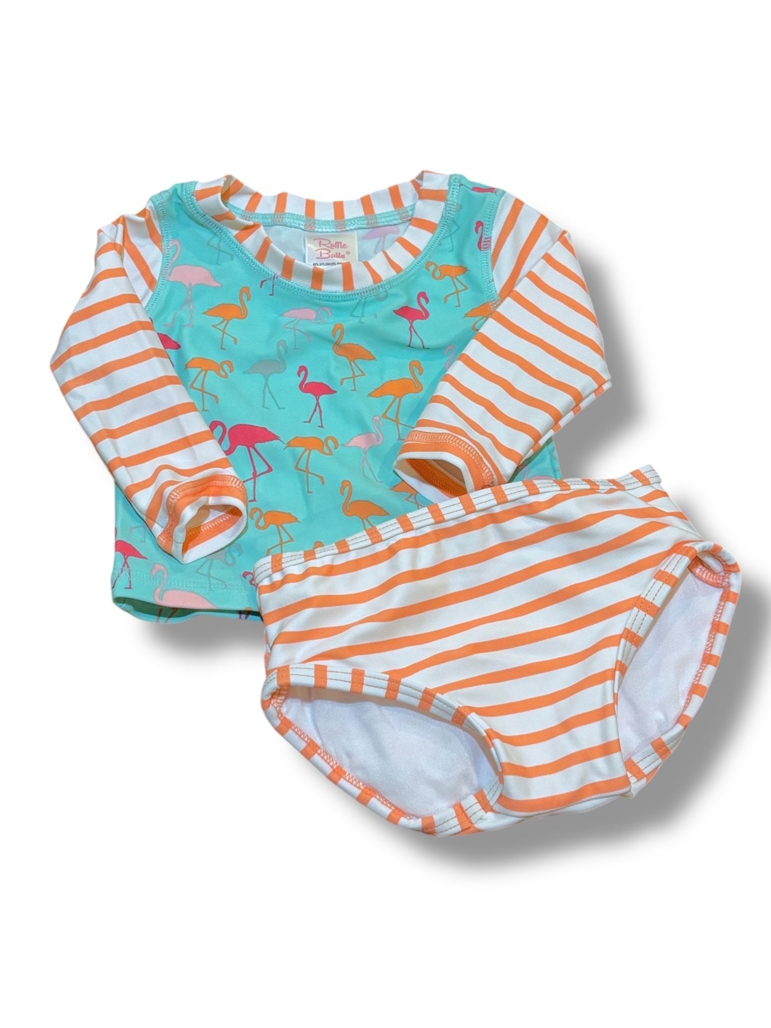 Size 3-6 month Ruffle Butts coral/white striped rash guard two-piece swim suit with flamingos Default Title / 3-6 month / Girl
