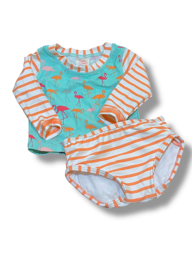 Size 3-6 month Ruffle Butts coral/white striped rash guard two-piece swim suit with flamingos Default Title / 3-6 month / Girl