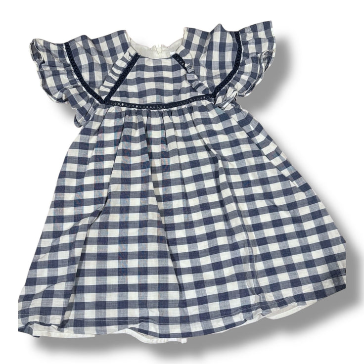 Size 5 Tartine et Chocolat navy/white checked dress w/ navy eyelet detail, flutter sleeves Default Title / 5 / Girl