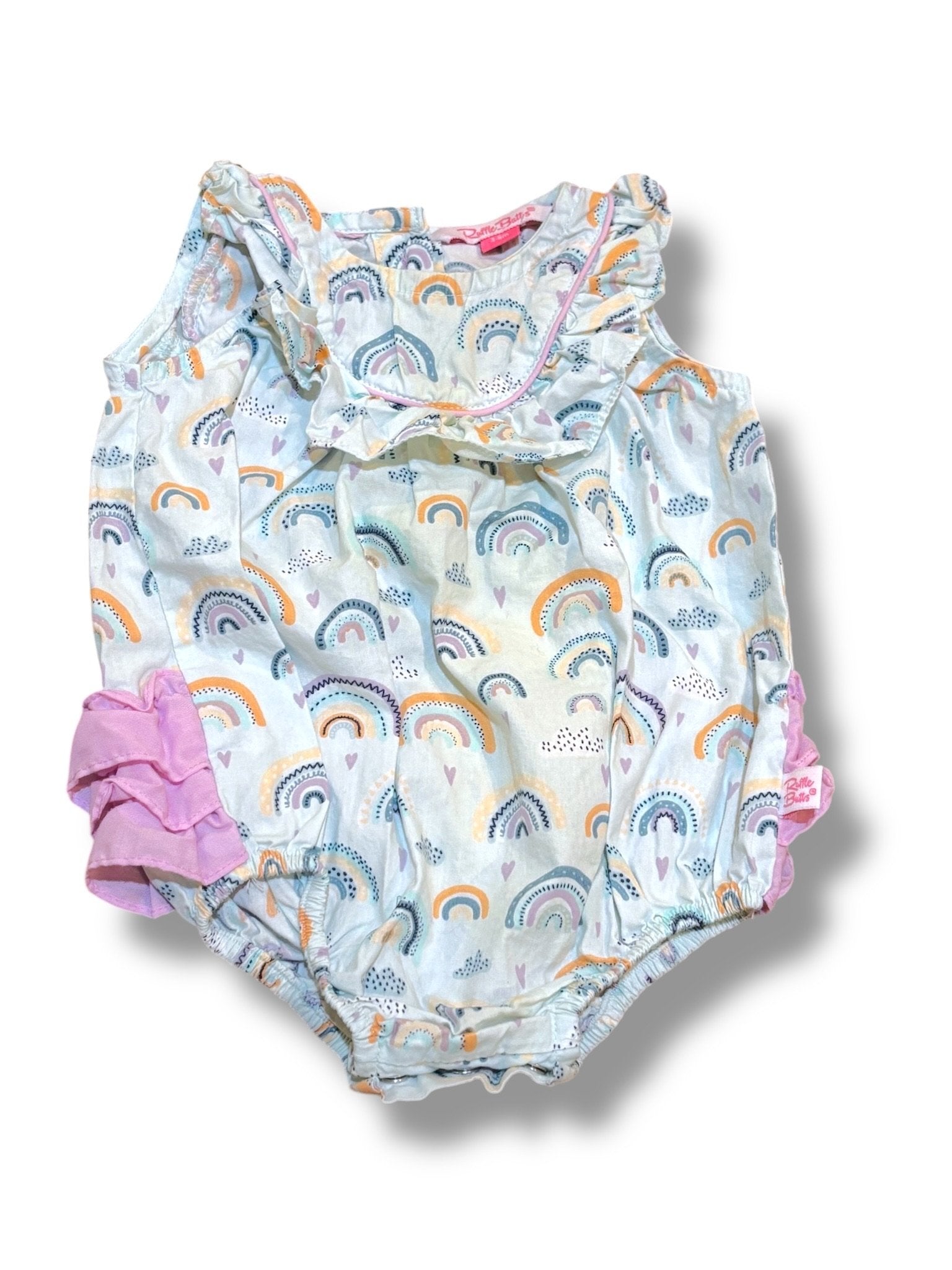 Size 3-6 month light blue bubble with sage/orange/lavender rainbows and purple ruffle Default Title / 3-6 month / Girl
