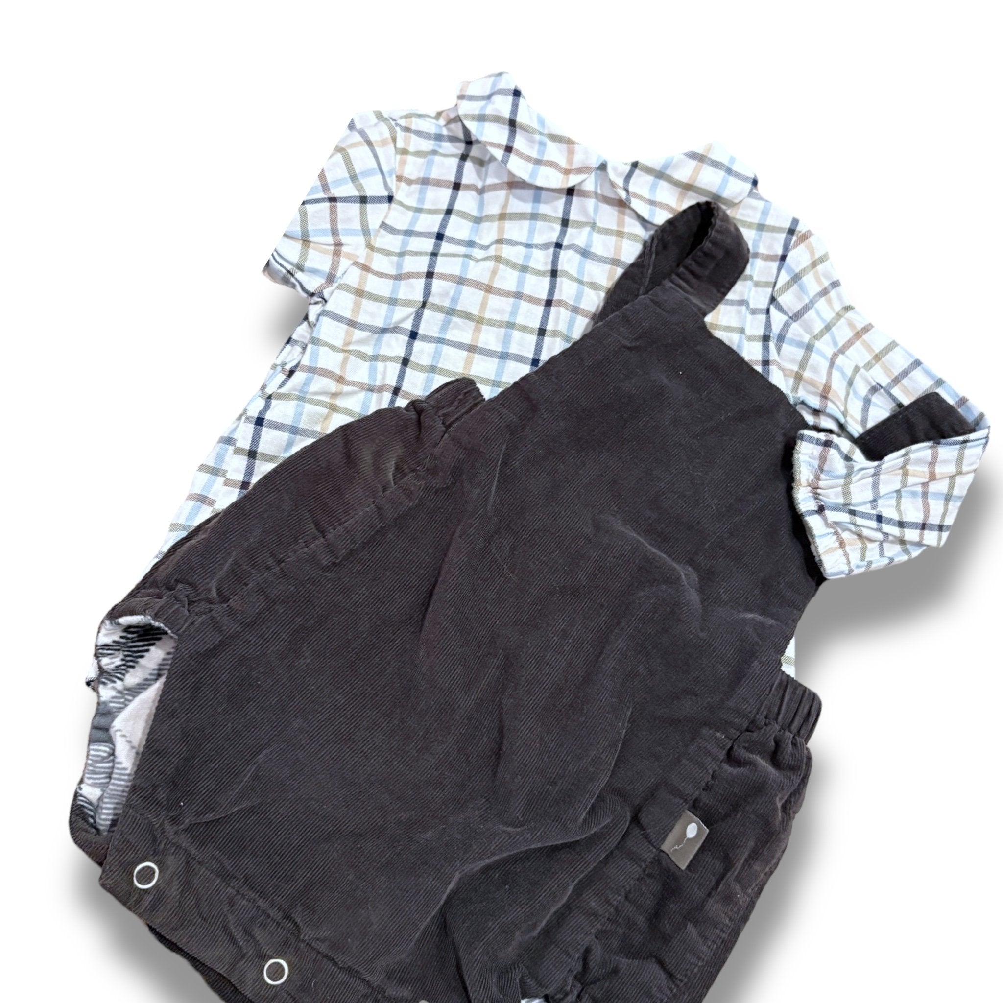 Size 9 month Bella bliss white/tan/blue plaid peter pan collar top, grey corduroy bubble overalls Default Title / 9 month / Boy
