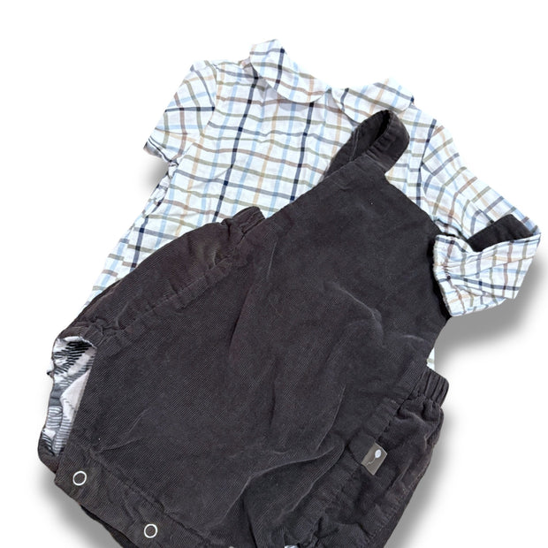 Size 9 month Bella bliss white/tan/blue plaid peter pan collar top, grey corduroy bubble overalls Default Title / 9 month / Boy