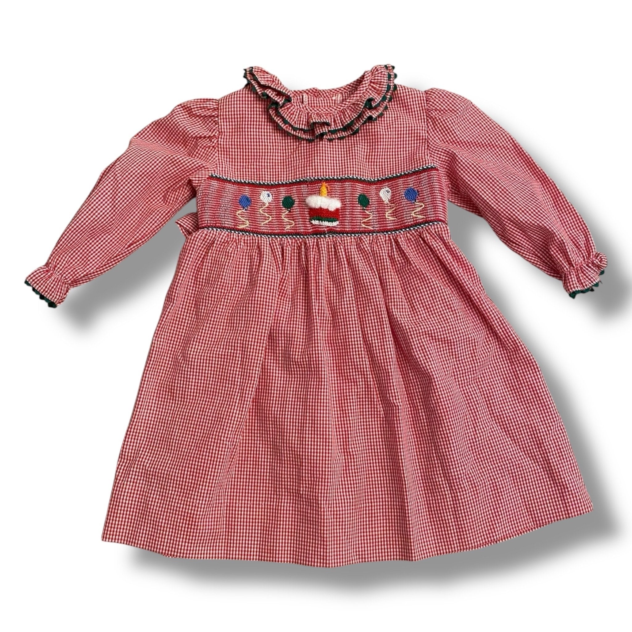 Size 18 month Zuccini red gingham tie back dress with smocked balloons/cake and green rick rack trim Default Title / 18 month / Girl