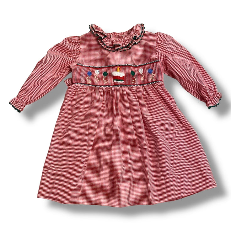 Size 18 month Zuccini red gingham tie back dress with smocked balloons/cake and green rick rack trim Default Title / 18 month / Girl