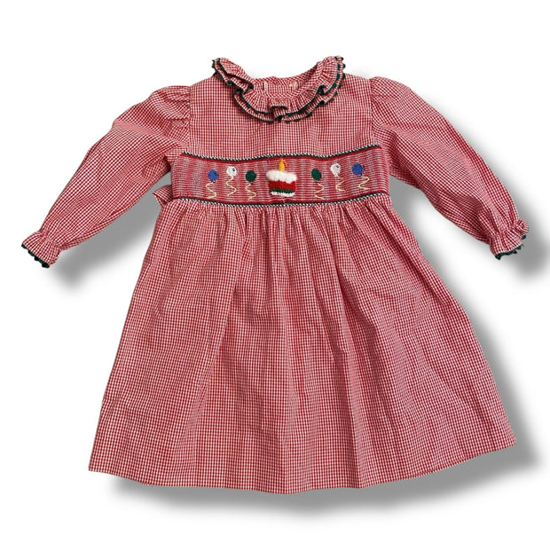 Size 18 month Zuccini red gingham tie back dress with smocked balloons/cake and green rick rack trim Default Title / 18 month / Girl