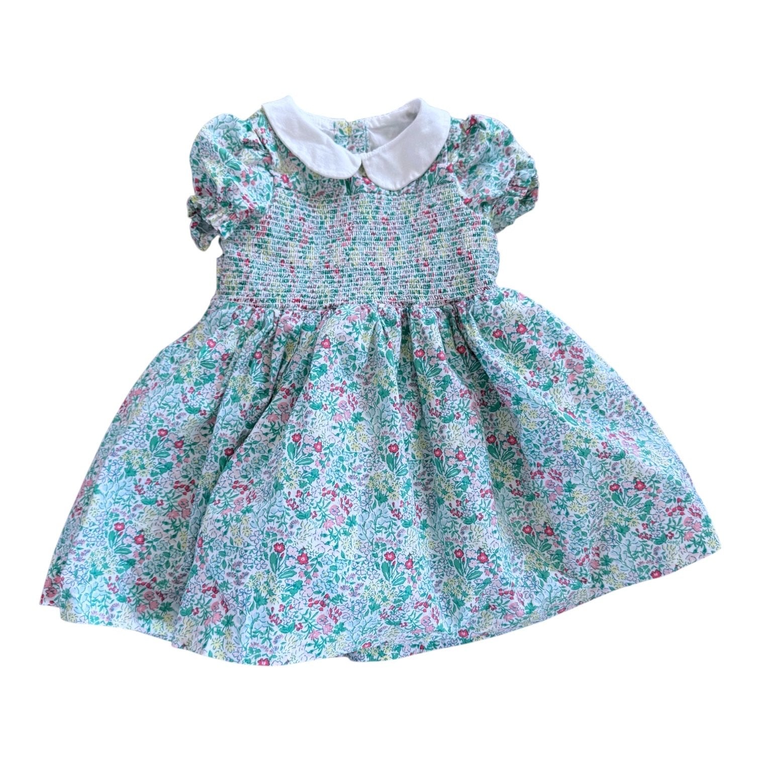 Size 6-12 month Janie and Jack green, pink, blue and yellow floral short sleeve smocked dress with white collar Default Title / 6-12 month / Girl
