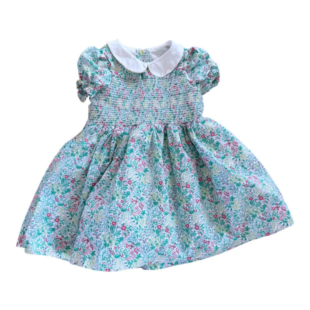 Size 6-12 month Janie and Jack green, pink, blue and yellow floral short sleeve smocked dress with white collar Default Title / 6-12 month / Girl
